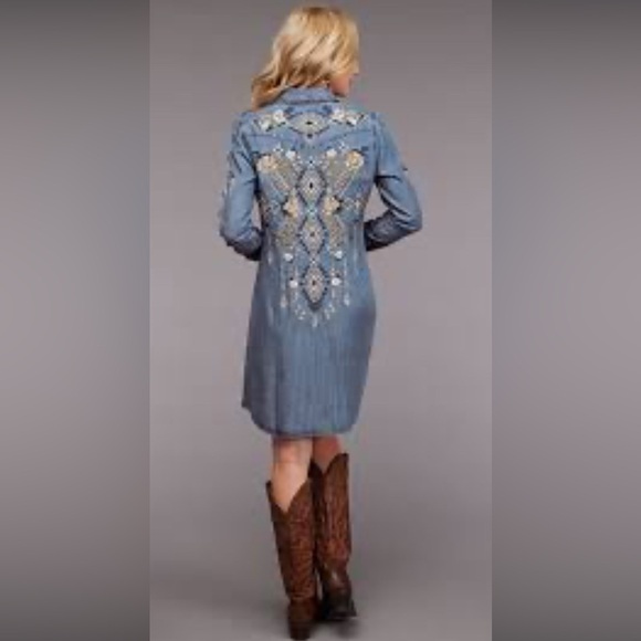 Stetson Embroidered Denim Snap Dress-S denim embroidered flowers , NWOT - Picture 2 of 7